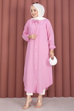 Çizgili Boydan Düğmeli Gömlek Tunik Pembe