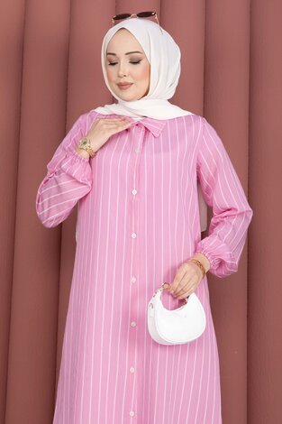 Çizgili Boydan Düğmeli Gömlek Tunik Pembe - Thumbnail