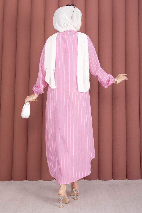 Çizgili Boydan Düğmeli Gömlek Tunik Pembe - 4