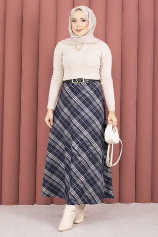 Çizgili Ekose Scuba Etek Lacivert - Thumbnail