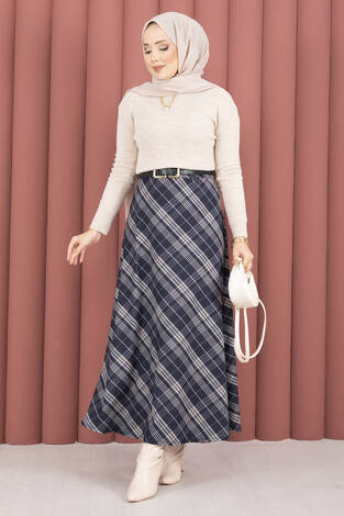 Çizgili Ekose Scuba Etek Lacivert - Thumbnail