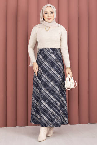 Çizgili Ekose Scuba Etek Lacivert - Thumbnail