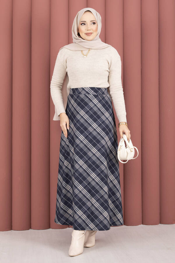 Mds - Çizgili Ekose Scuba Etek Lacivert