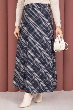 Çizgili Ekose Scuba Etek Lacivert - Thumbnail