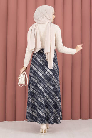 Çizgili Ekose Scuba Etek Lacivert - Thumbnail