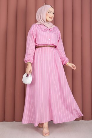 Çizgili Gömlek Etek İkili Takım Pembe