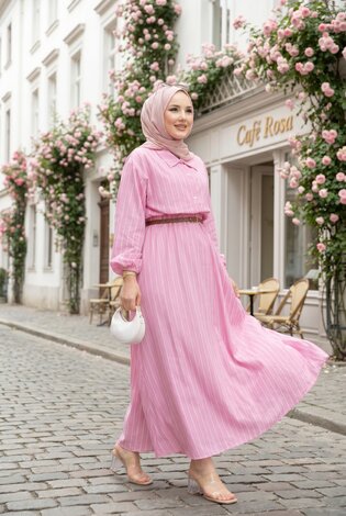 Çizgili Gömlek Etek İkili Takım Pembe