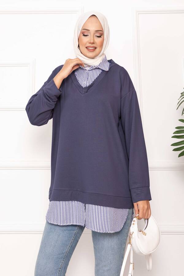 Gly - Çizgili Gömlek Garnili Tunik Gri (1) Gly - Çizgili Gömlek Garnili Tunik Gri (1)