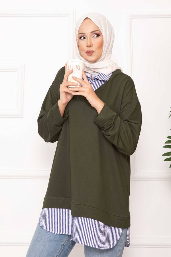 Gly - Çizgili Gömlek Garnili Tunik Haki (1) Gly - Çizgili Gömlek Garnili Tunik Haki (1)