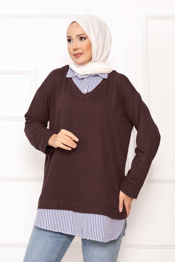 Gly - Çizgili Gömlek Garnili Tunik Kahve (1) Gly - Çizgili Gömlek Garnili Tunik Kahve (1)