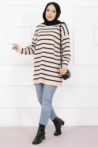 Çizgili Oversize Triko Kazak Bej - Thumbnail