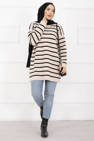 Çizgili Oversize Triko Kazak Bej