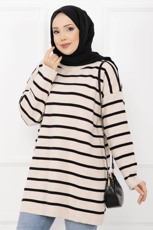 RAF - Çizgili Oversize Triko Kazak Bej (1)