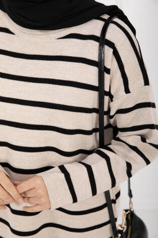 Çizgili Oversize Triko Kazak Bej - Thumbnail