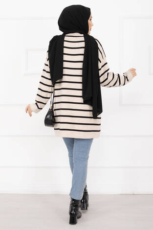 Çizgili Oversize Triko Kazak Bej - Thumbnail