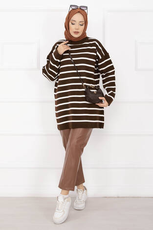 Çizgili Oversize Triko Kazak Kahve