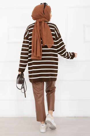 Çizgili Oversize Triko Kazak Kahve - Thumbnail