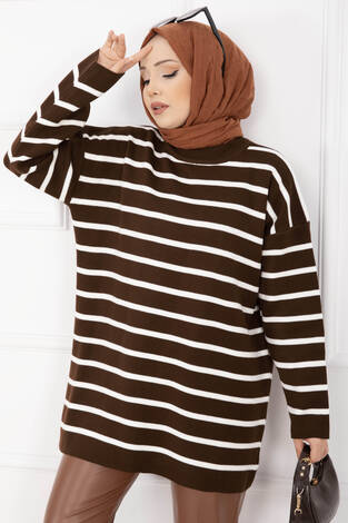 Çizgili Oversize Triko Kazak Kahve - Thumbnail