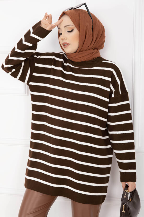 RAF - Çizgili Oversize Triko Kazak Kahve (1)