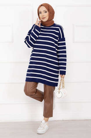 Çizgili Oversize Triko Kazak Lacivert
