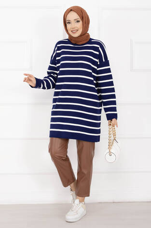 Çizgili Oversize Triko Kazak Lacivert - Thumbnail
