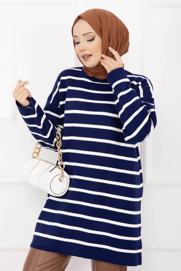 RAF - Çizgili Oversize Triko Kazak Lacivert (1)