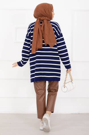 Çizgili Oversize Triko Kazak Lacivert - Thumbnail