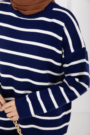Çizgili Oversize Triko Kazak Lacivert - Thumbnail