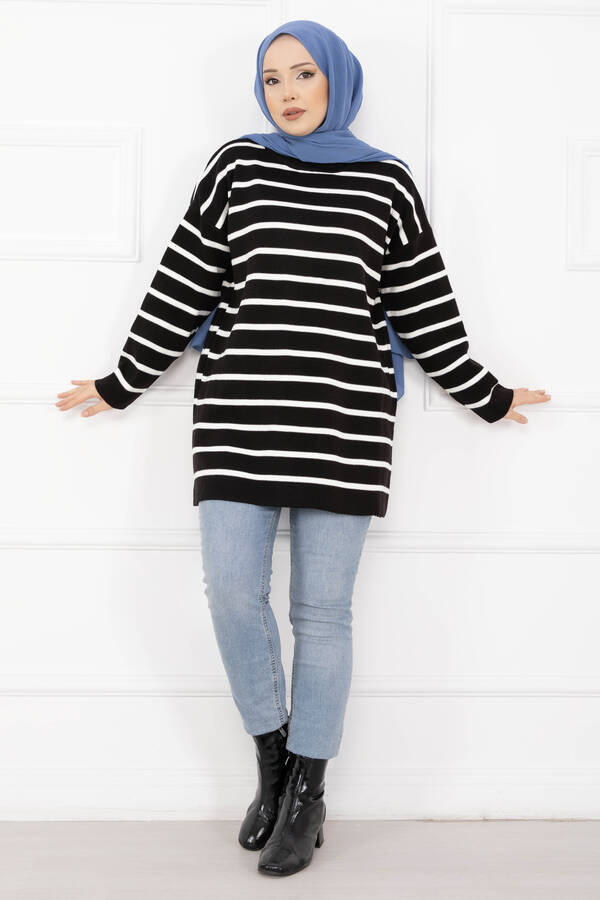 RAF - Çizgili Oversize Triko Kazak Siyah