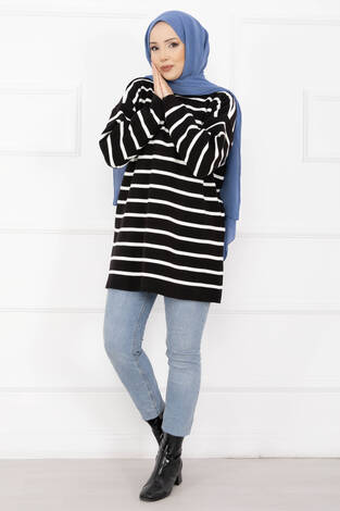 Çizgili Oversize Triko Kazak Siyah - Thumbnail