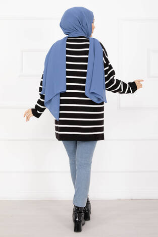 Çizgili Oversize Triko Kazak Siyah - Thumbnail