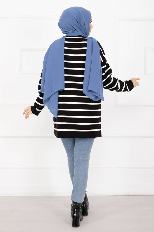 Çizgili Oversize Triko Kazak Siyah - 5
