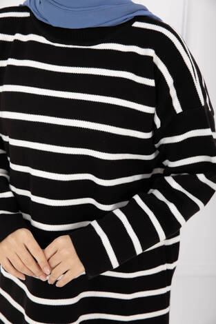 Çizgili Oversize Triko Kazak Siyah - Thumbnail