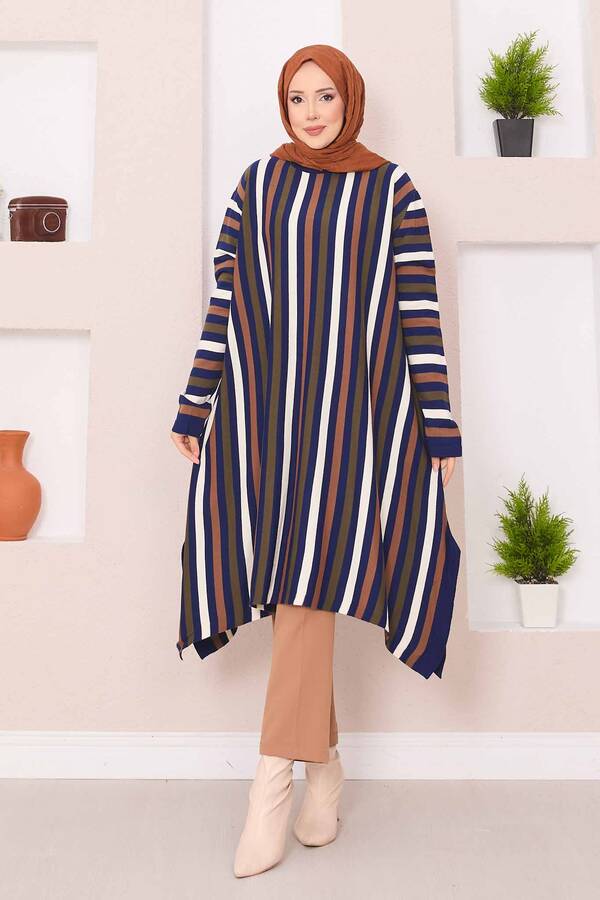 Çizgili Salaş Triko Tunik Saks - 3