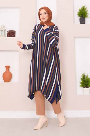 Çizgili Salaş Triko Tunik Saks - Thumbnail