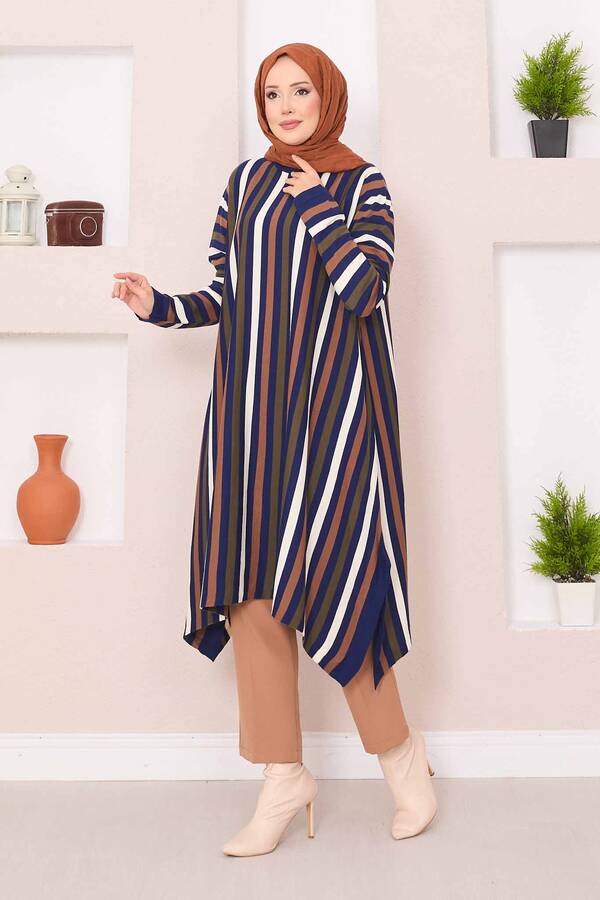 Çizgili Salaş Triko Tunik Saks - 4