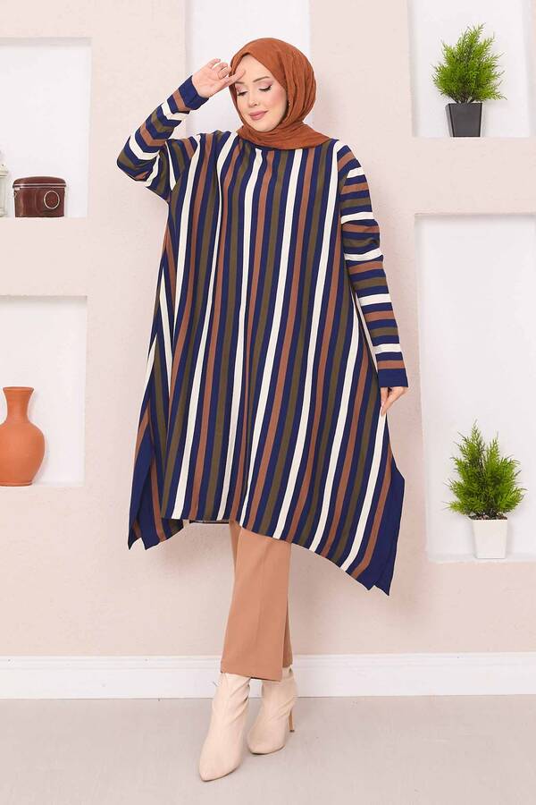 Çizgili Salaş Triko Tunik Saks - 5