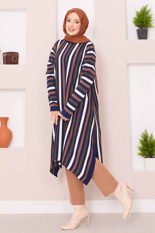 Çizgili Salaş Triko Tunik Saks - 6