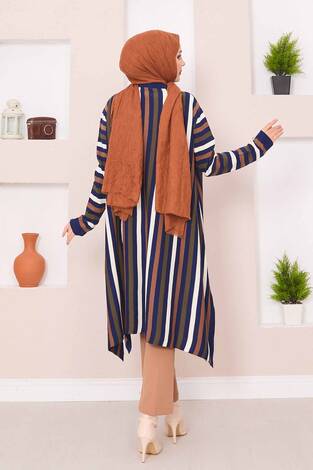 Çizgili Salaş Triko Tunik Saks - Thumbnail