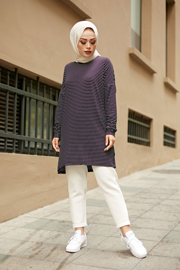  - Çizgili Sweat Tunik 8386-1 Siyah