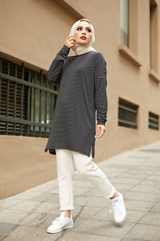 Çizgili Sweat Tunik 8386-1 Siyah - Thumbnail