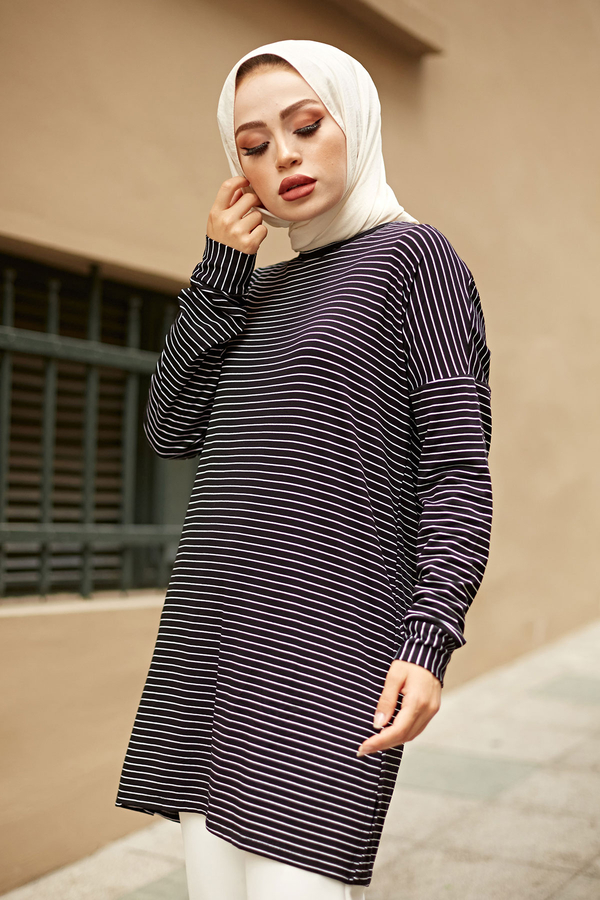  - Çizgili Sweat Tunik 8386-1 Siyah (1)