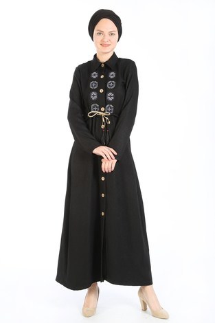 Nakış Detaylı Elbise 20105-01 siyah - Thumbnail