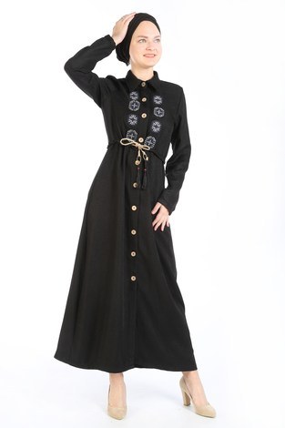Nakış Detaylı Elbise 20105-01 siyah - Thumbnail