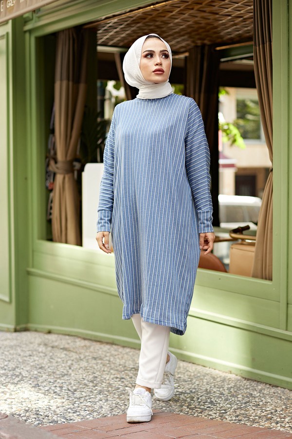  - Çizgili Yarasa Kol Tunik 9947-3 İndigo