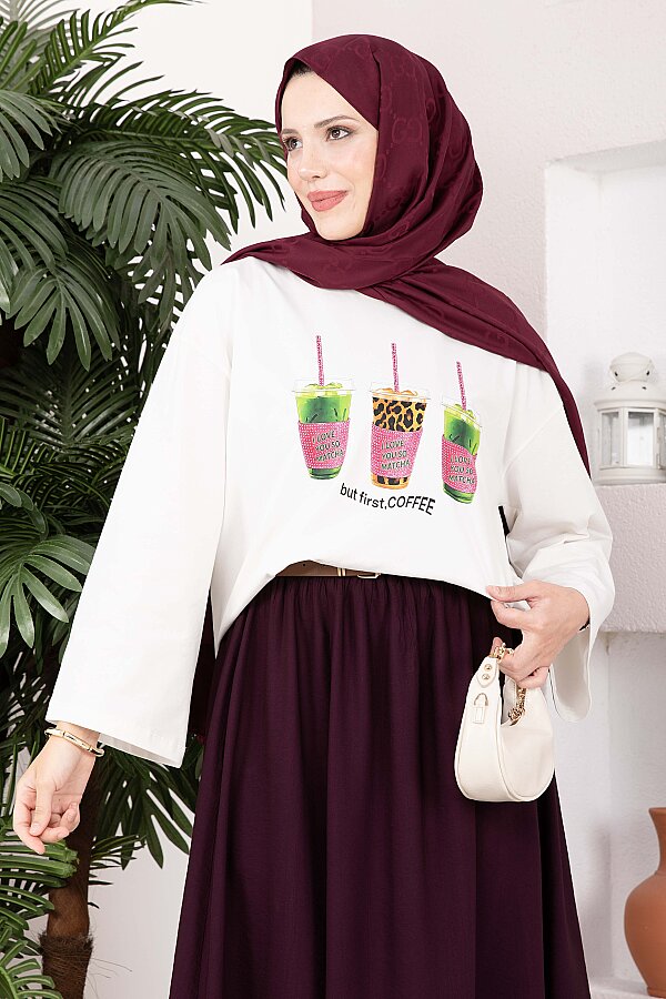 Coffee Baskılı Salaş Bluz - Tunik Ekru - 2