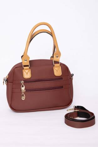 Çok Bölmeli Fermuarlı El & Omuz Çantası Bordo - Thumbnail