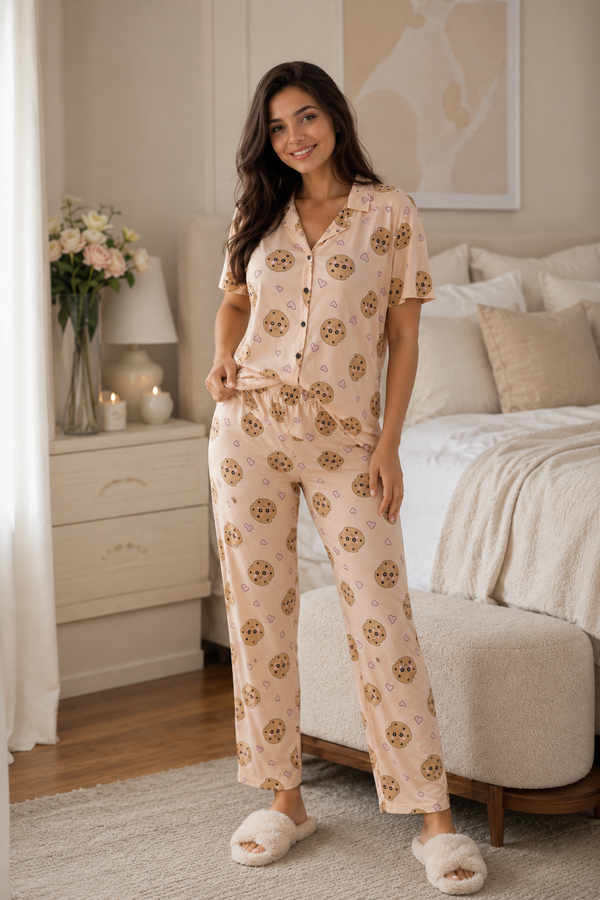 Fms - Cookie Desen Düğmeli Pijama Takımı Bej (1)