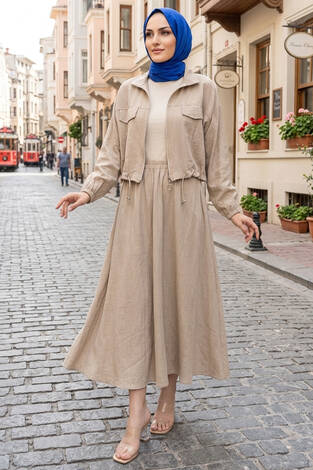 Crop Ceket Etekli Spor Takım Bej - Thumbnail