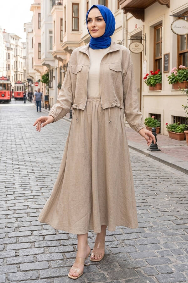 MD - Crop Ceket Etekli Spor Takım Bej (1)